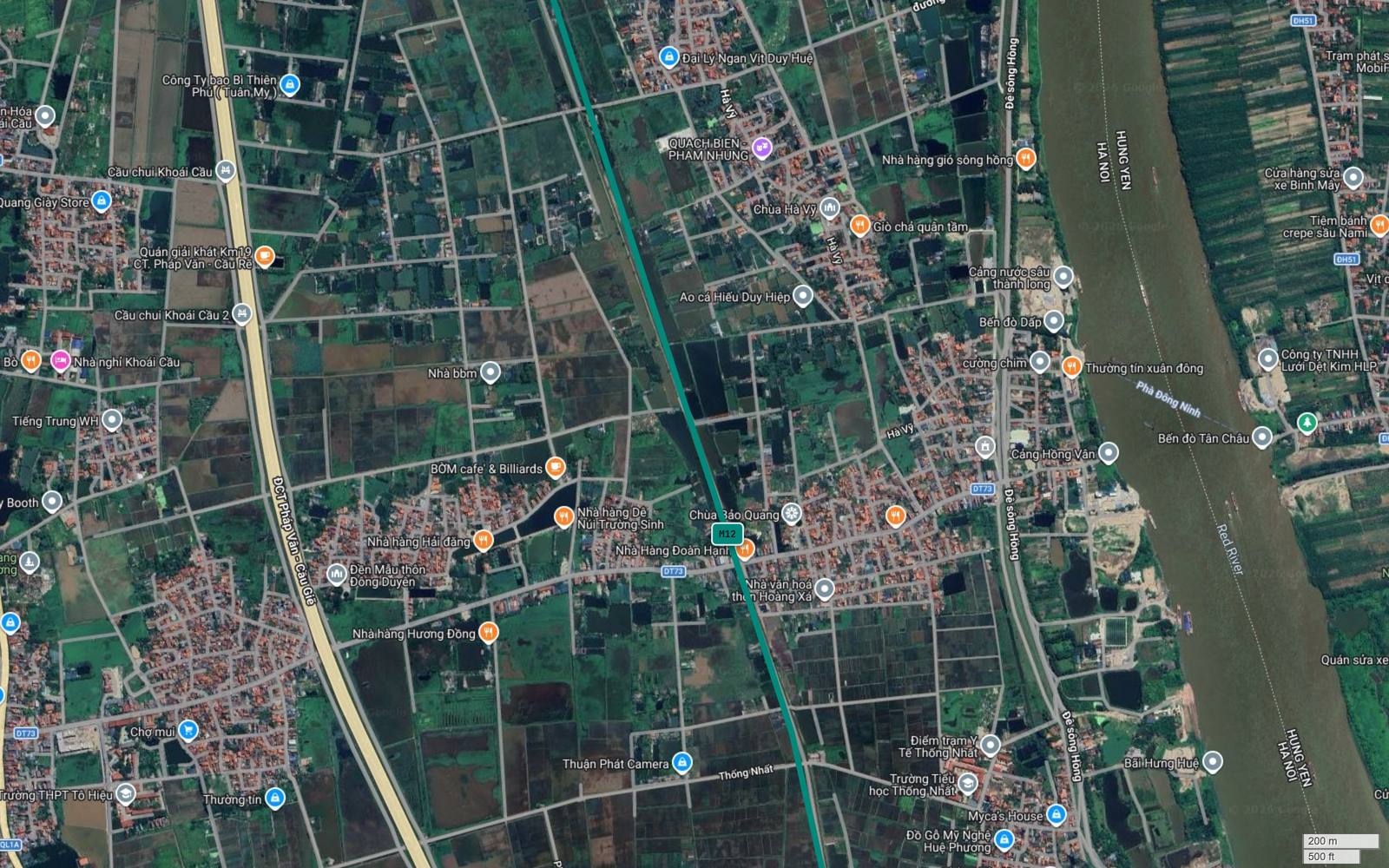 Hành lang metro số 12 Hà Nội tại Hoàng Xá và điểm cắt đường tỉnh ĐT73, gần Chùa Bảo Quang, Cảng Hồng Vân và Bến đò Dấp