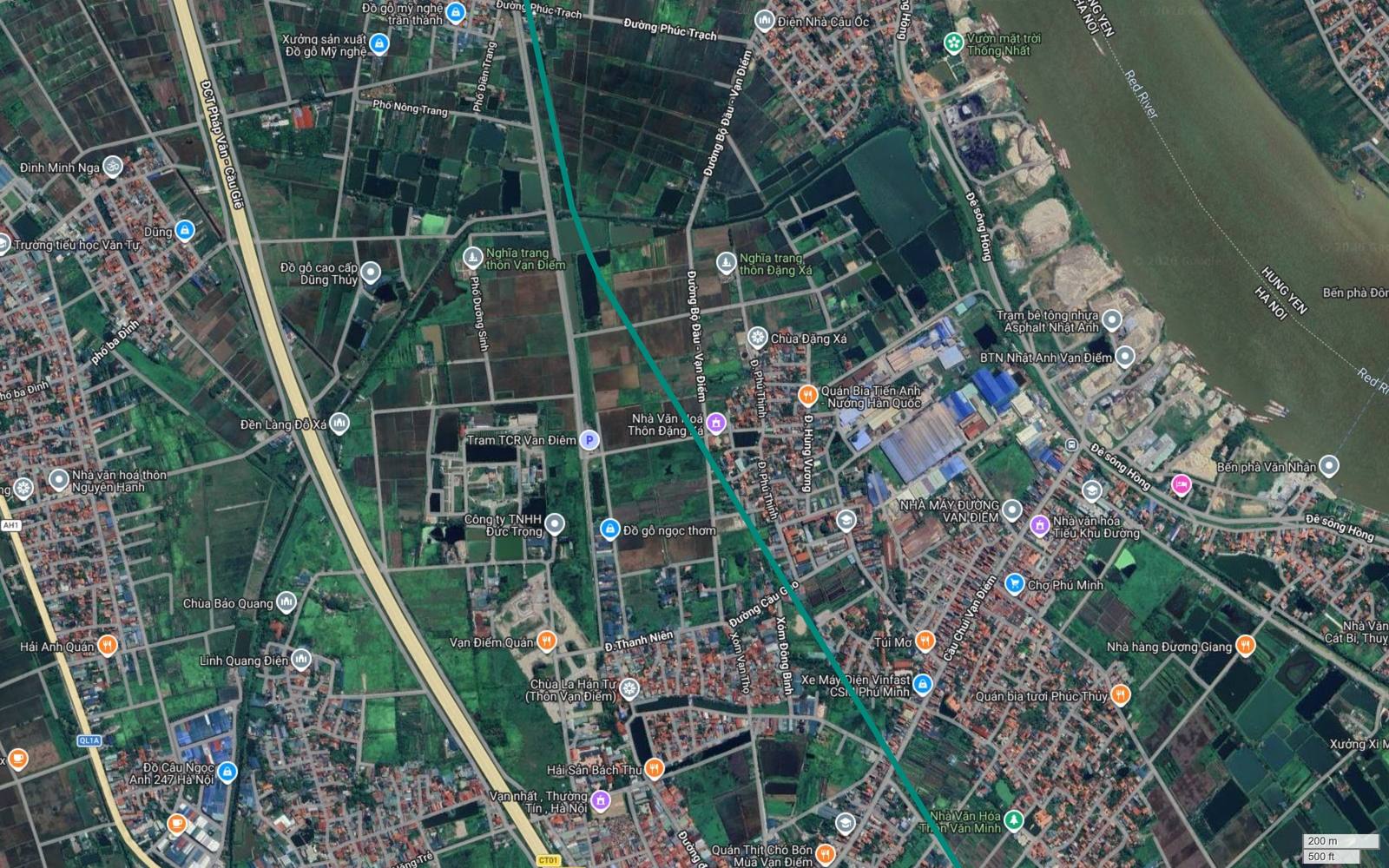 Hành lang metro số 12 Hà Nội kẹp giữa cao tốc Pháp Vân Cầu Giẽ và đê sông Hồng tại Đặng Xá, Vạn Điểm